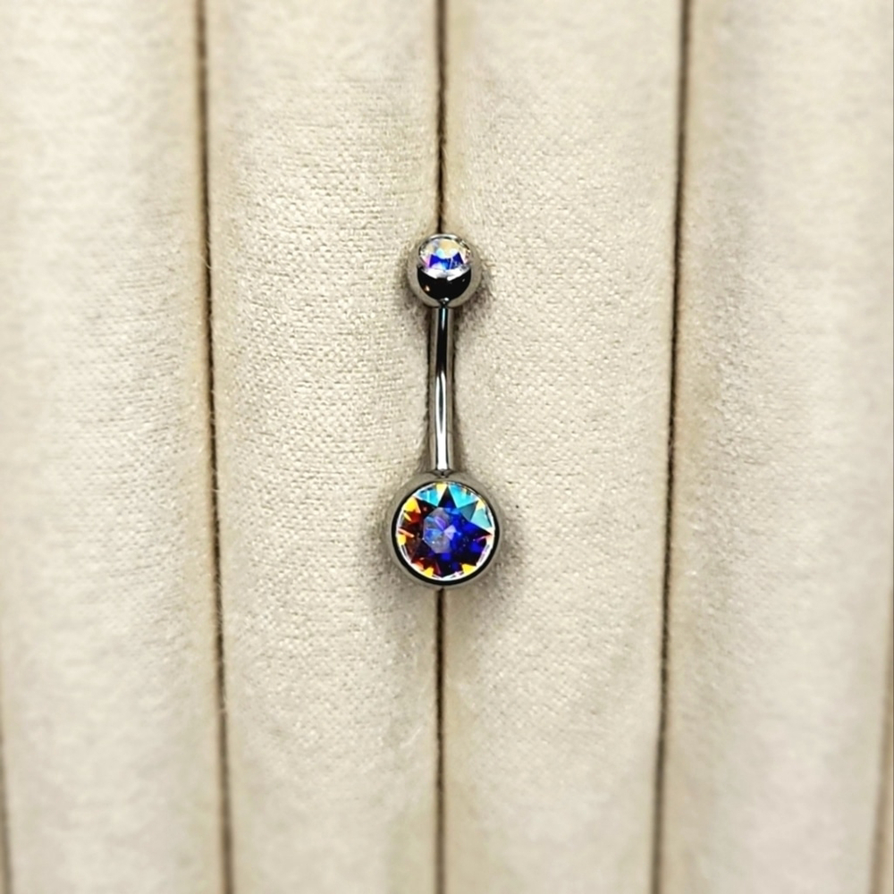 Rainbow Iridescent Double Gem Navel Barbell Piercing Jewelry 14 Gauge